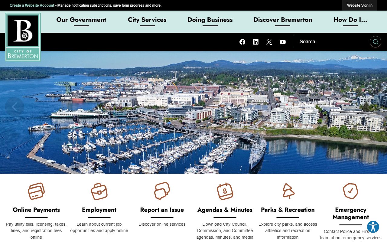 Bremerton Washington official city website with links to city services and property information