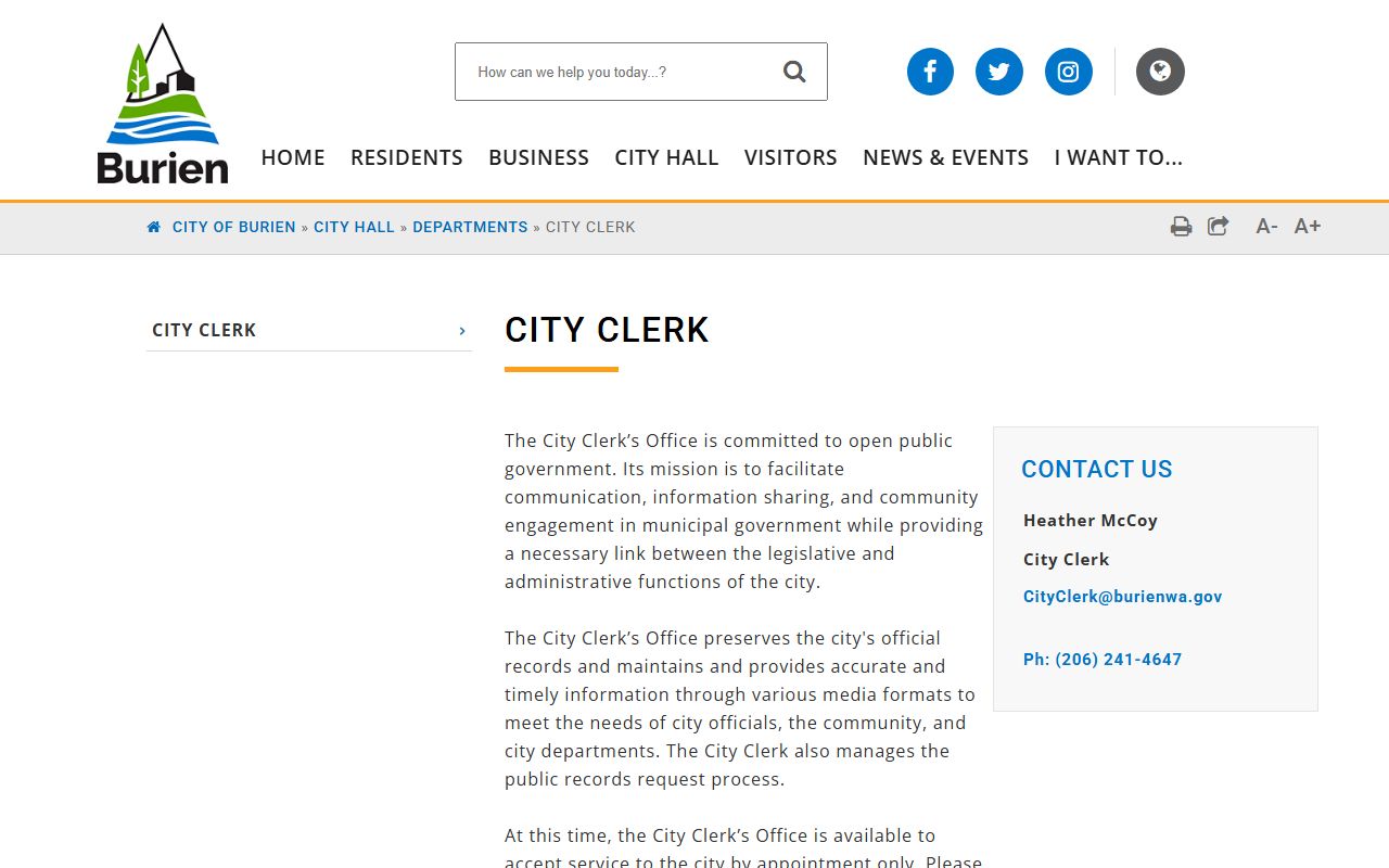 Burien City Clerk office for public records requests and city documents