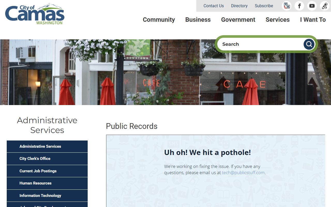 Camas public records request page for city administrative and development documents