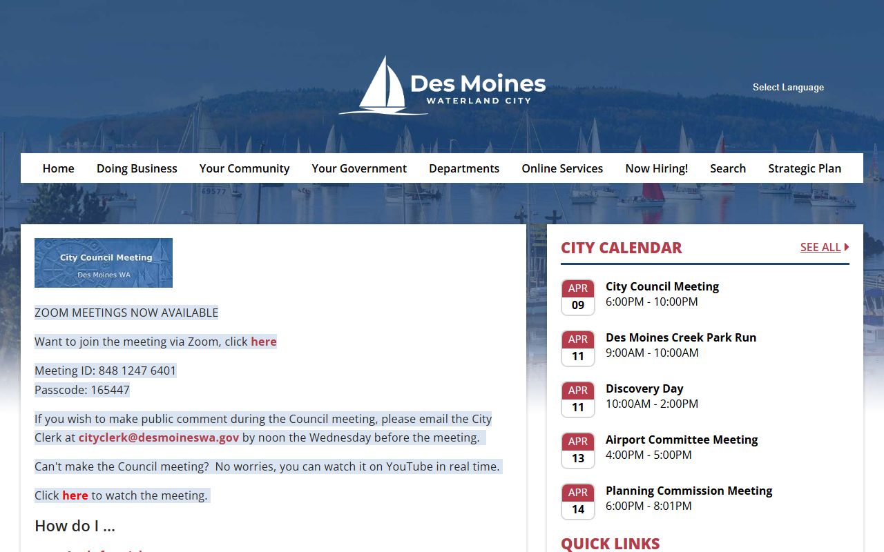 Des Moines Washington official city website with links to city services and county resources