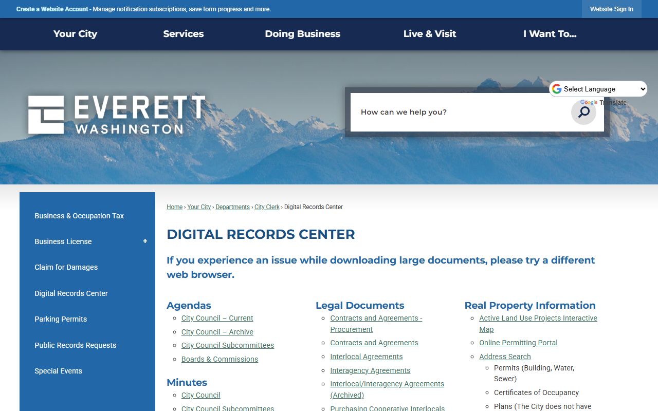 Everett Digital Records Center with city legal documents and property information