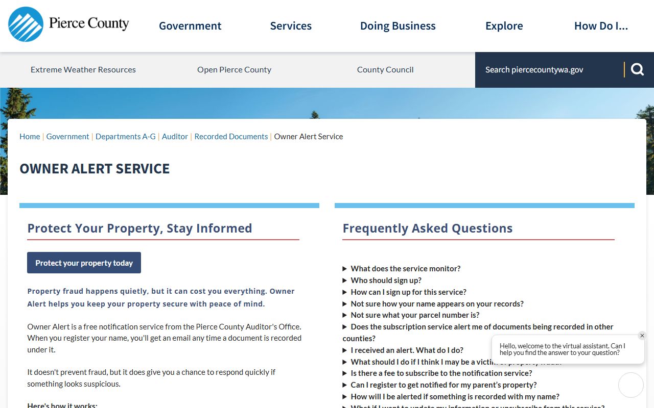 Pierce County Owner Alert Service for monitoring property deed changes and recording alerts