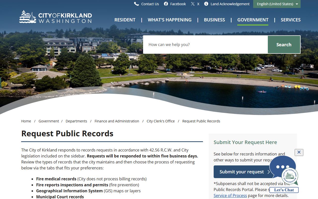 Kirkland public records request portal for city documents related to deed records