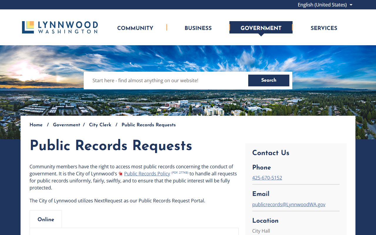 Lynnwood public records request portal for city-held documents related to Lynnwood properties