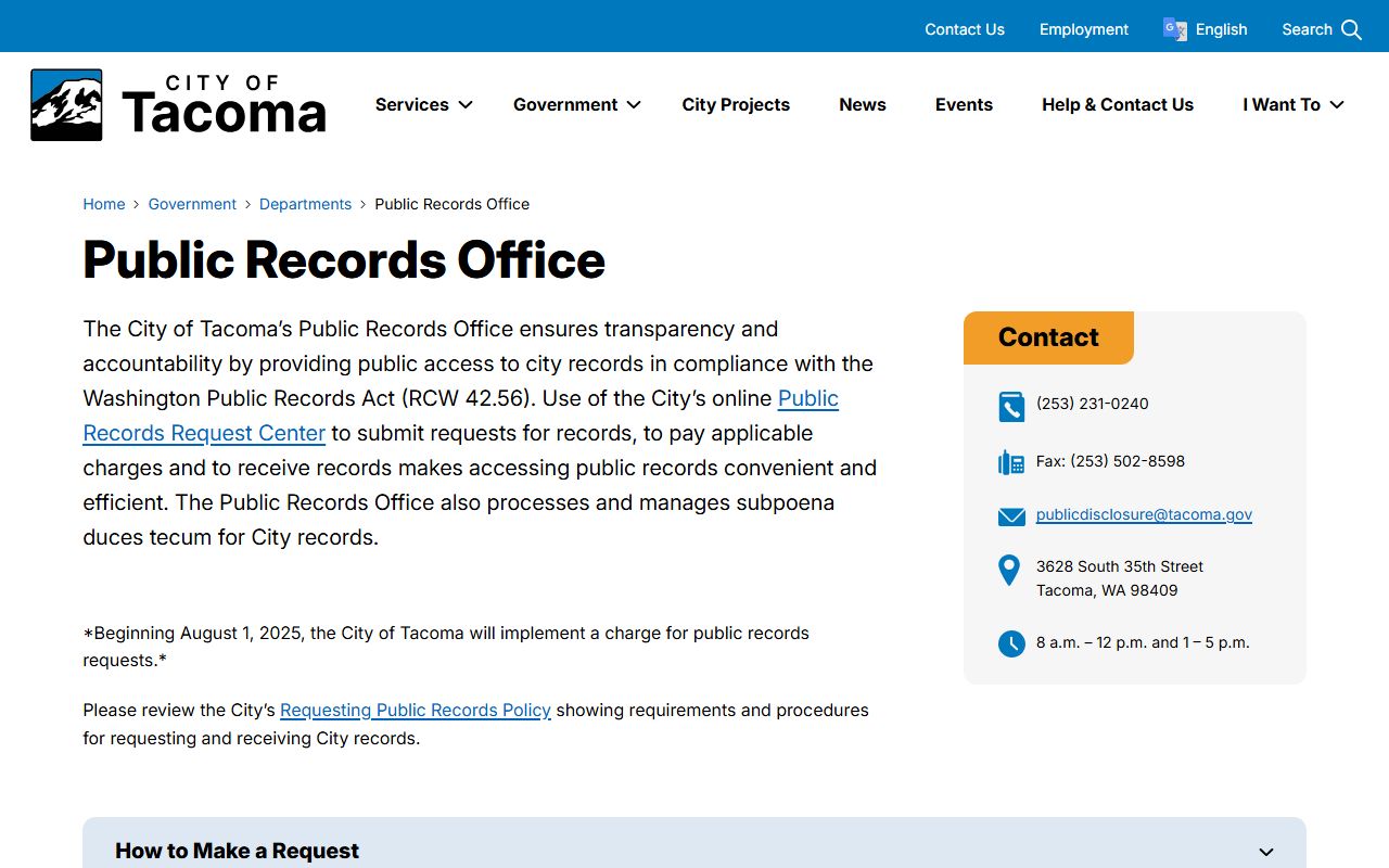 Tacoma Public Records Office portal for requesting city records alongside deed records research