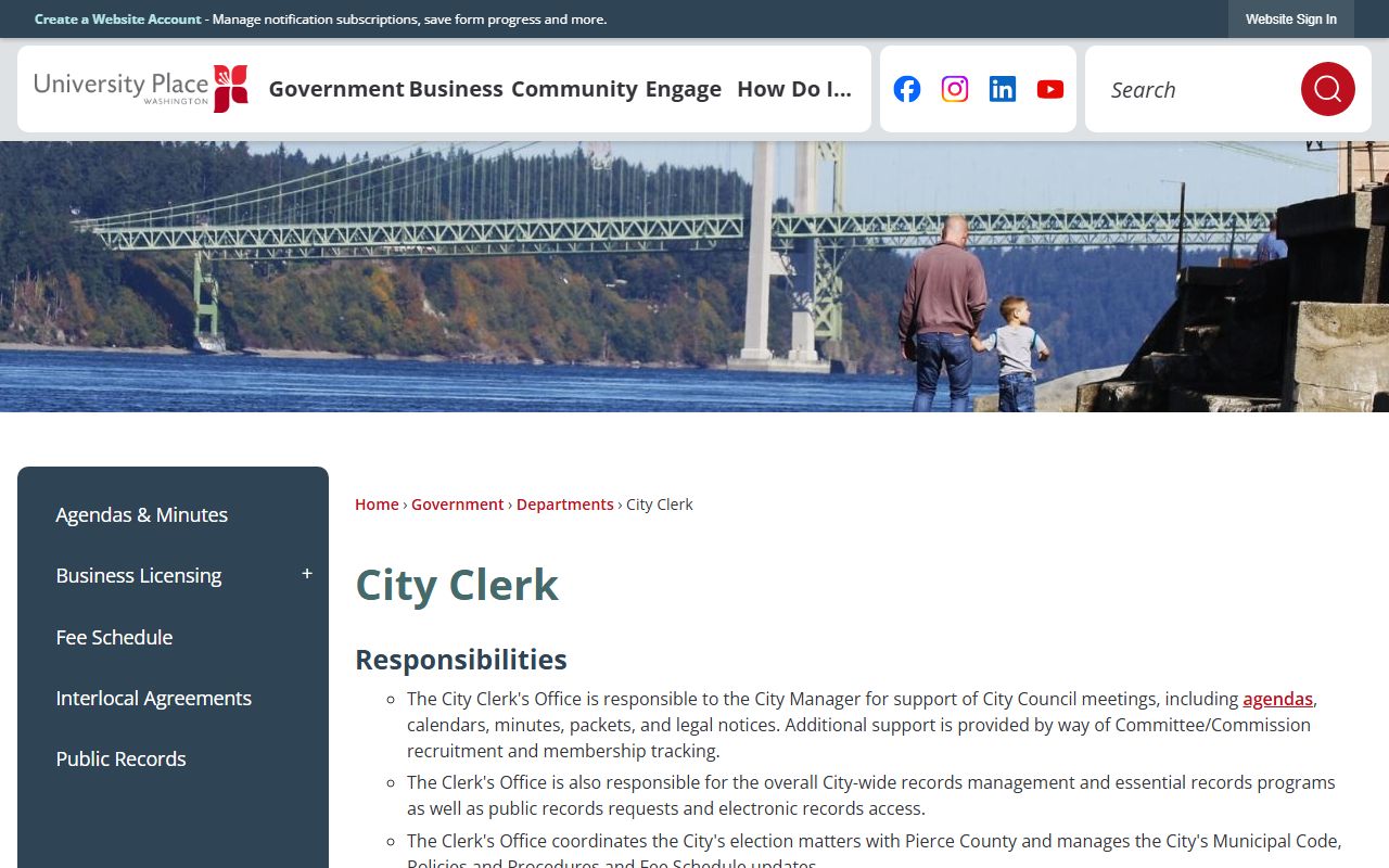 University Place City Clerk office managing public records and city documents