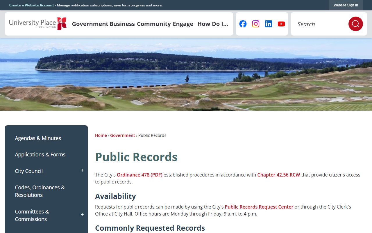 University Place public records request center for accessing city documents