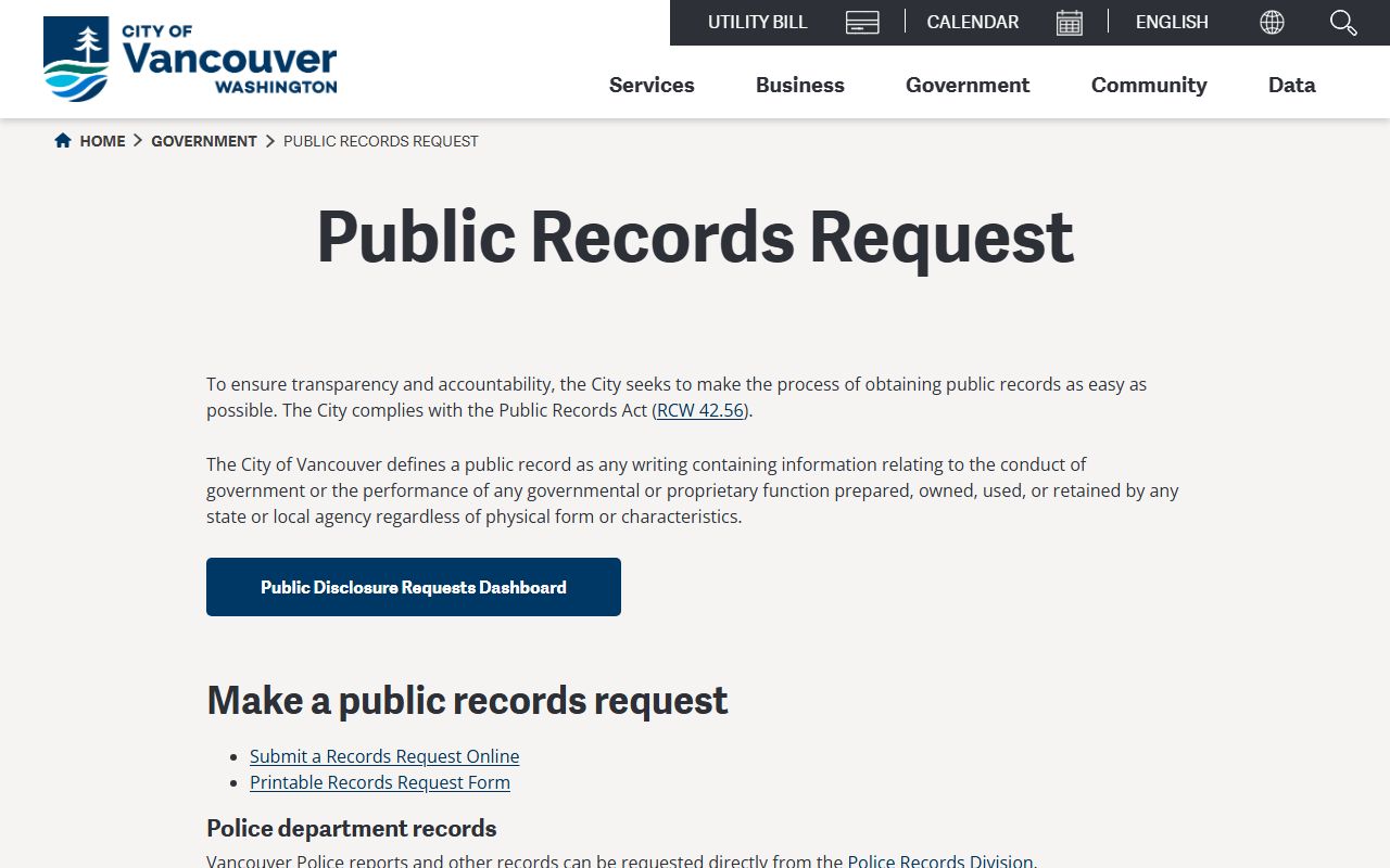 City of Vancouver public records request portal for accessing city documents