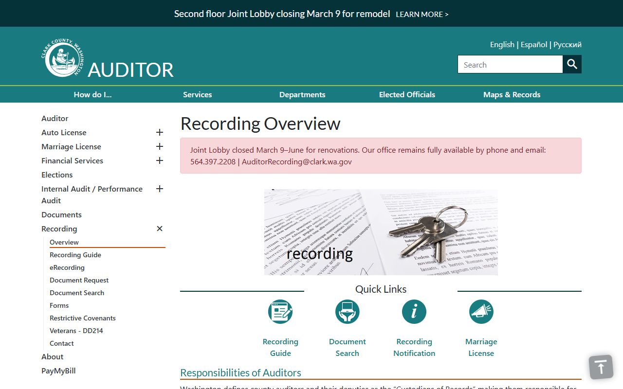 Clark County Auditor Recording Department for deed records in Vancouver Washington