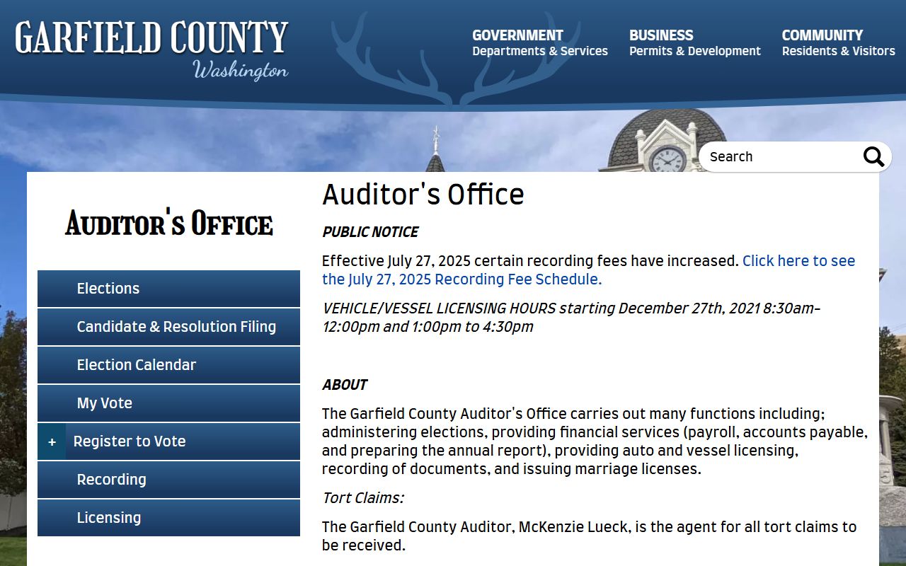 Garfield County Auditor office for deed records and property documents in Pomeroy Washington