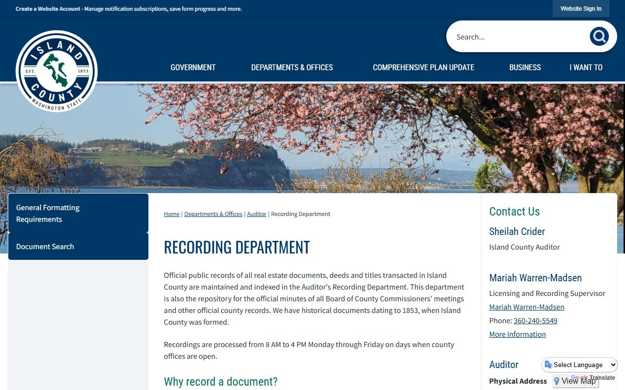 Island County Recording Department page showing deed recording procedures