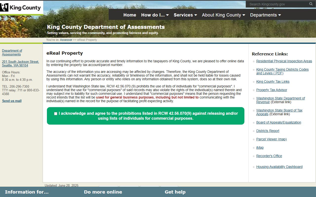King County Property Viewer showing parcel details for deed record research