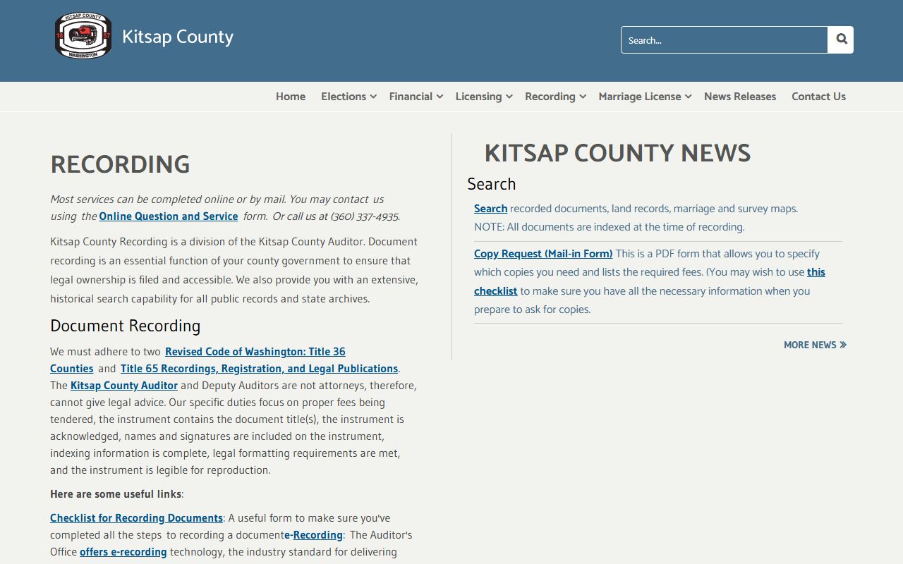 Kitsap County Auditor Recording division page for deed records in Port Orchard