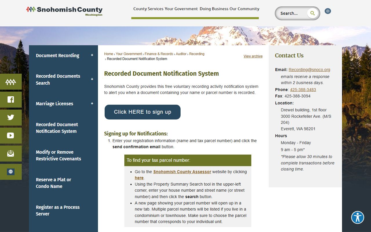 Snohomish County document notification system deed records