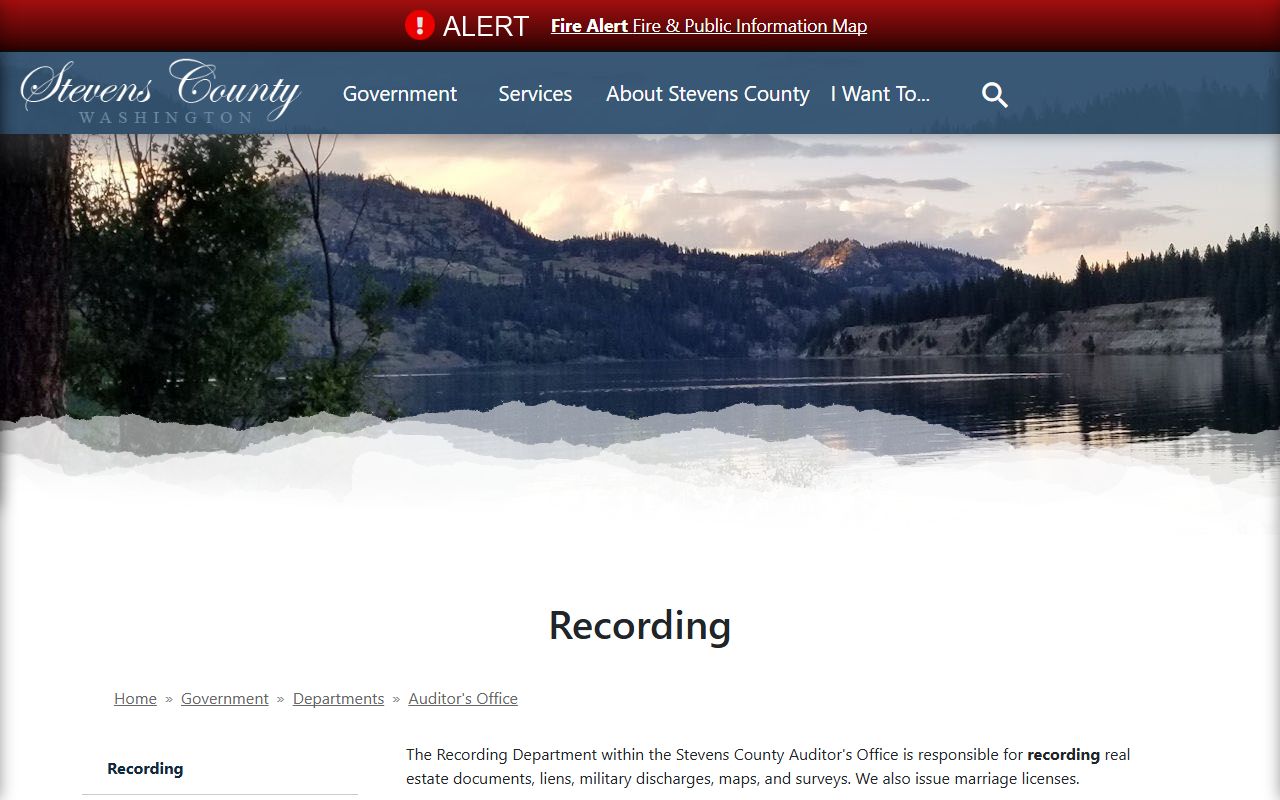 Stevens County Recording Department page with contact information and recording services