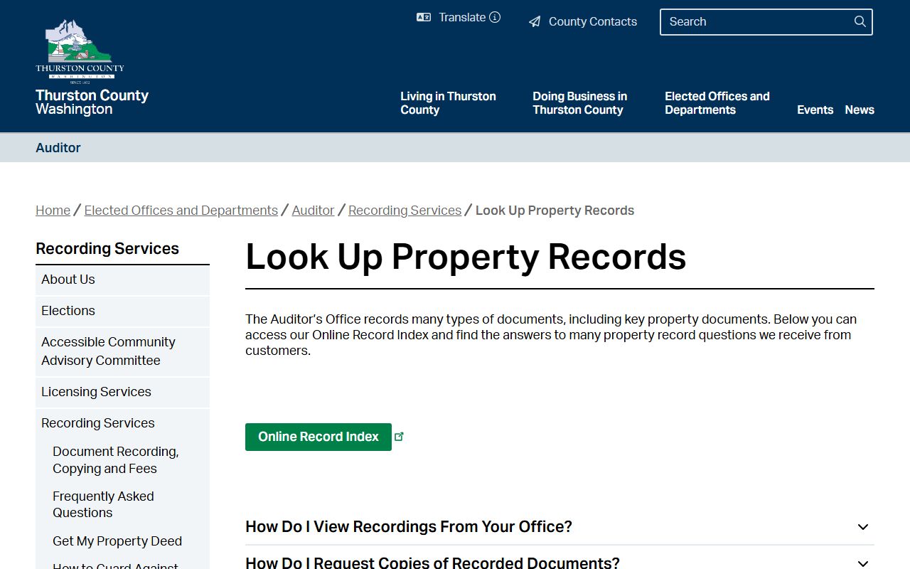 Thurston County property records lookup page showing how to search recorded documents