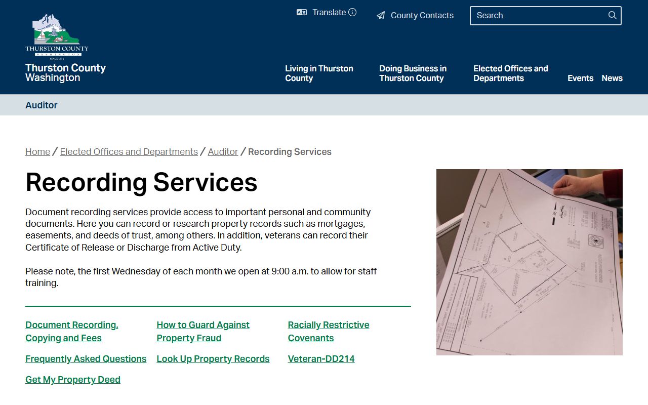Thurston County Recording Services page from the county auditor website