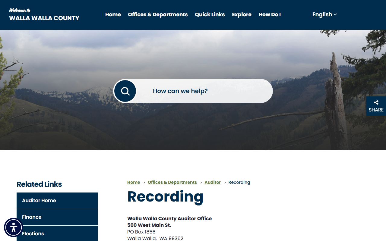Walla Walla County Auditor Recording page with online document search access