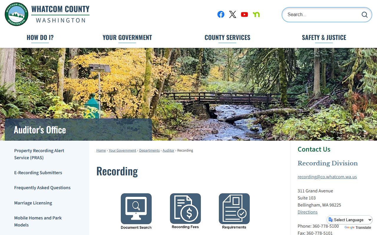 Whatcom County Recording page with Digital Research Room access for online deed records
