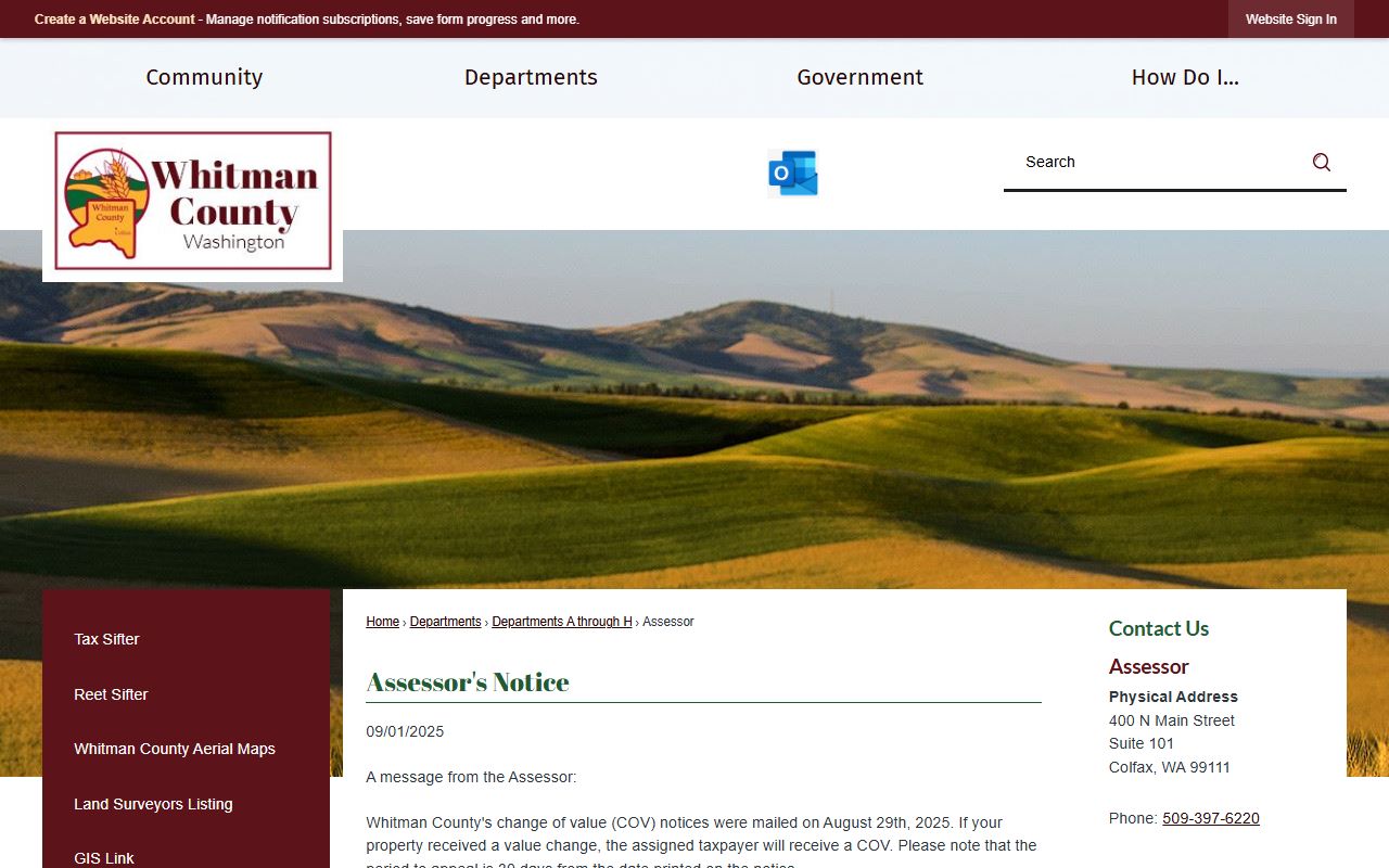 Whitman County Assessor page with property valuation and ownership information