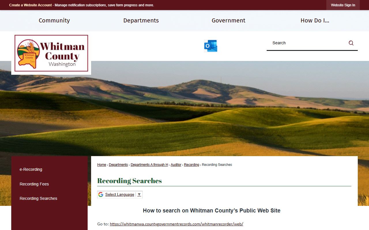Whitman County Recording Searches page with online document lookup for deed records