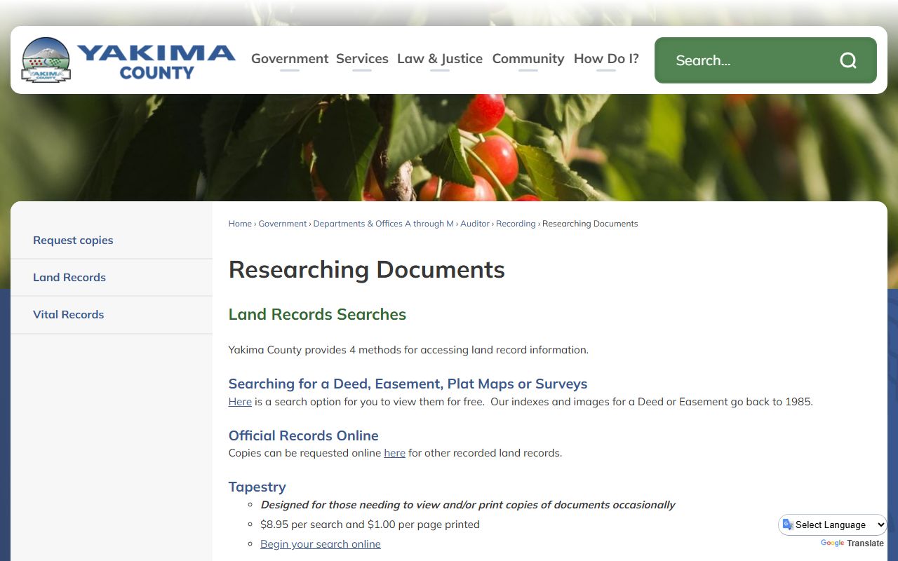 Yakima County document research methods page showing four ways to access recorded land records