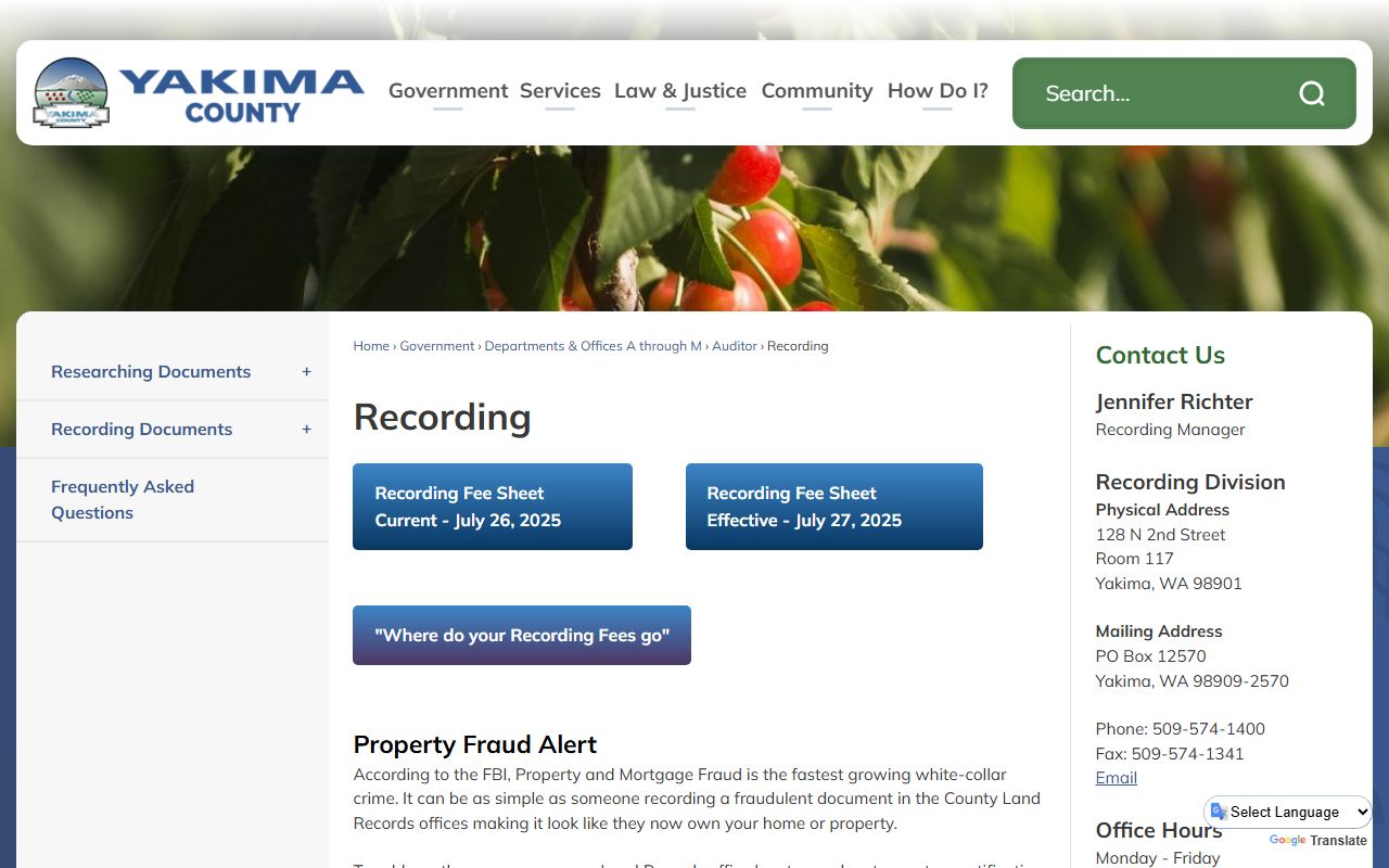 Yakima County Recording page from the county auditor website