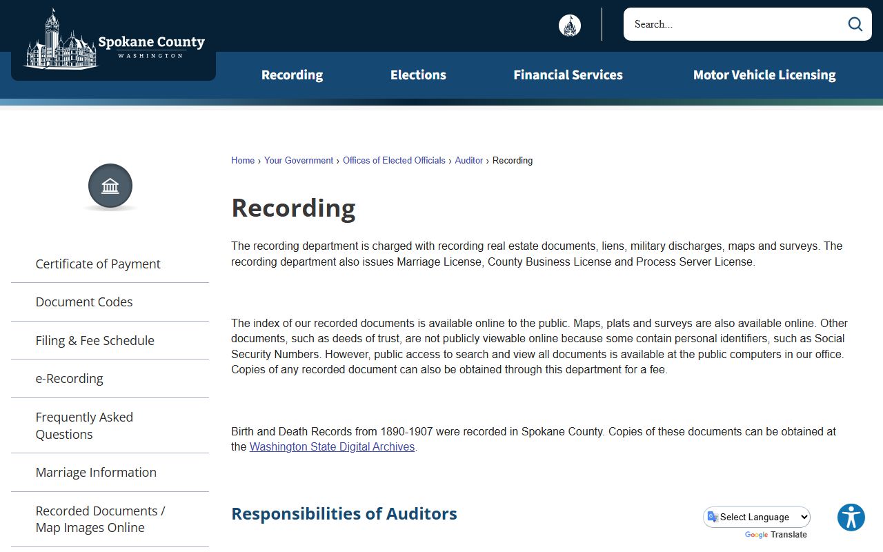 Spokane County Recording Department showing deed recording procedures in Washington