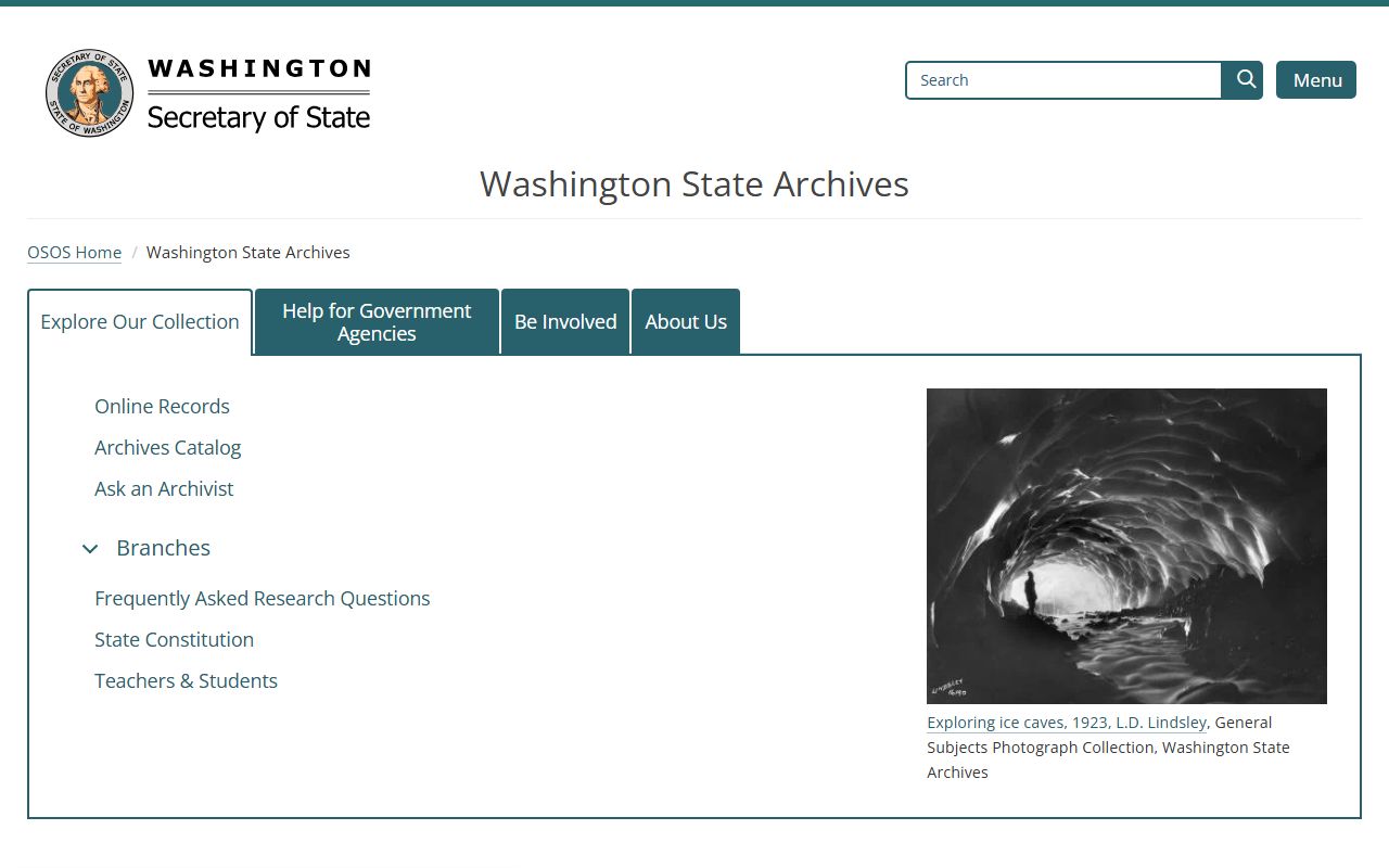 Washington State Archives homepage for historical deed records research
